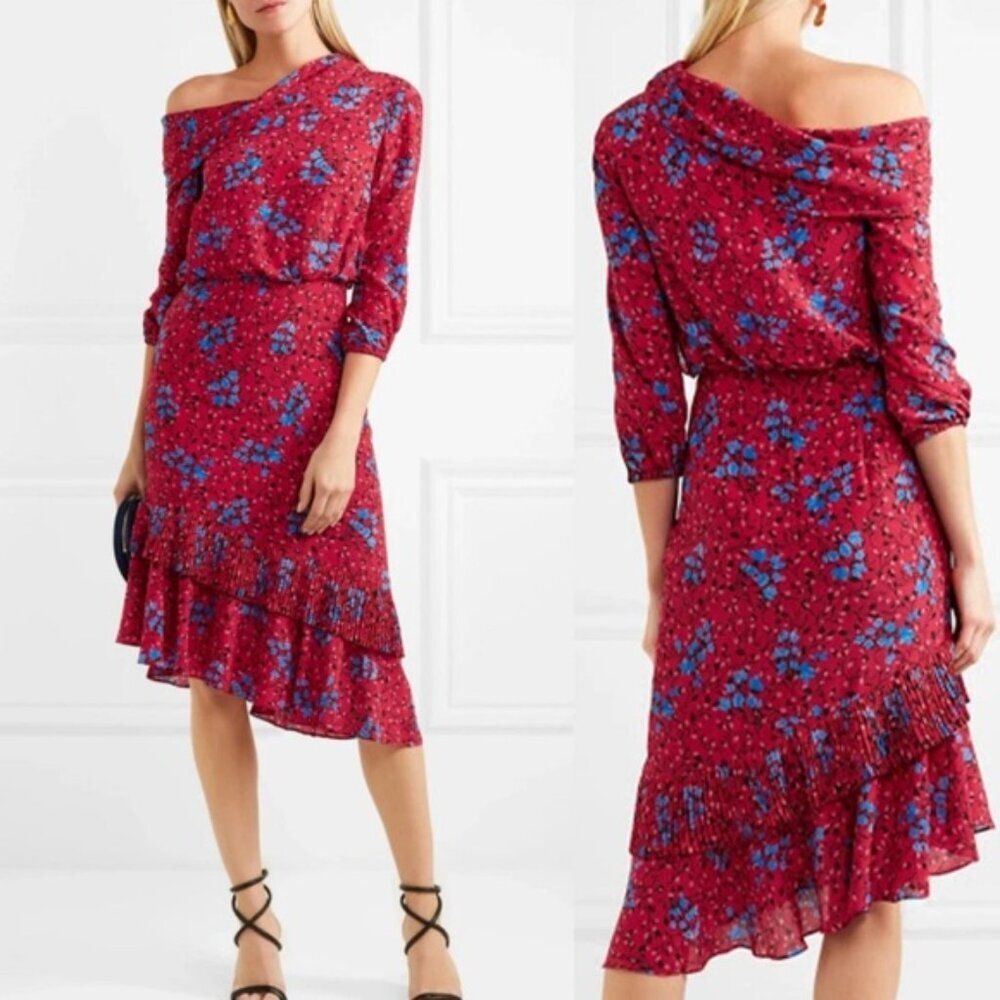 SALONI Lexie 100% SILK Floral Asymmetrical Ruffle Pleat Off Shoulder Dress US 4